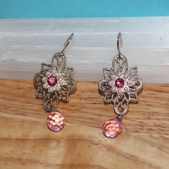Rhinestone Bead Faux Pearl Dangle Earrings Pink Silver-tone - Picture 1 of 3